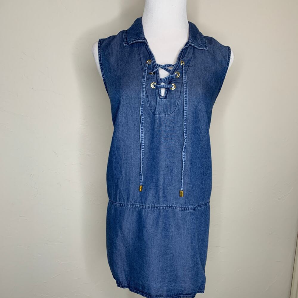 Ellen Tracy Chambray Sz Large Lace Up Front Collar Tunic Top